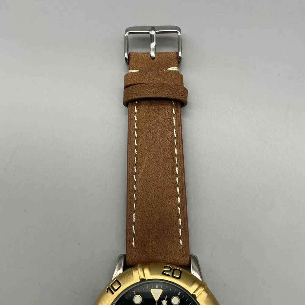 Gruen 321-2175 Mens Watch 40mm Gold Bezel Brown Leather Date New Battery